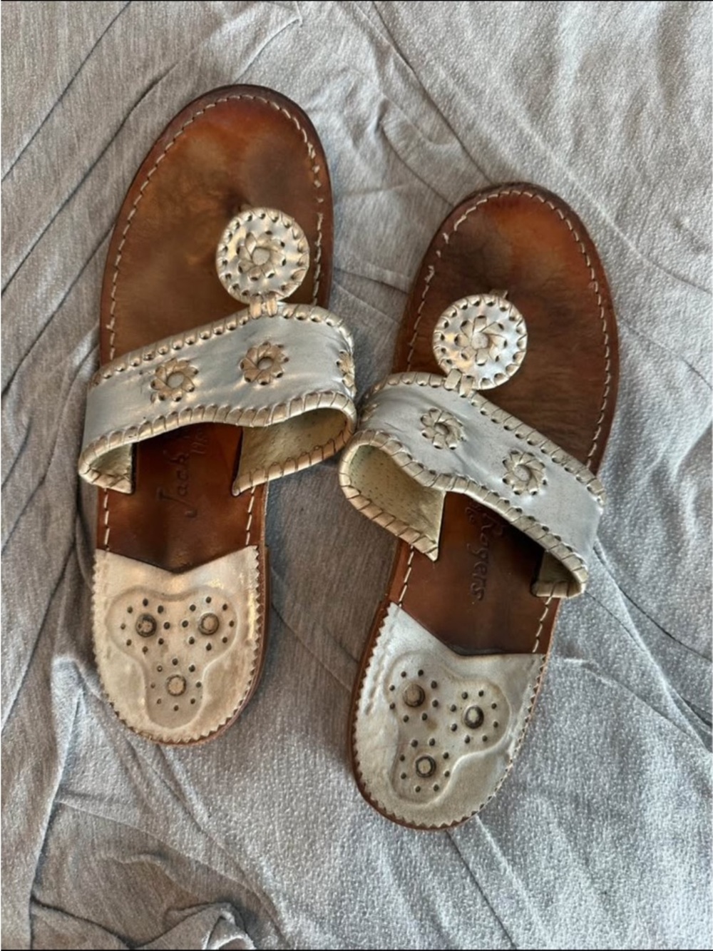 Jack Rogers Silver Metallic Stitched Leather Sandals